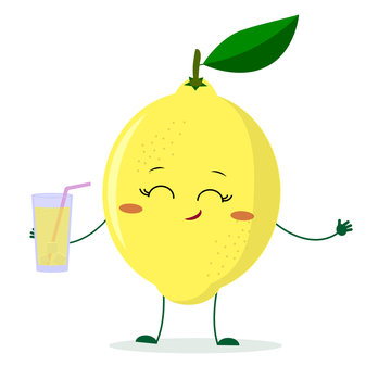 Cute lemon cartoon character holding a glass with juice.