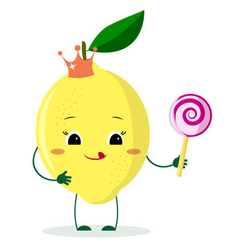 Cute lemon cartoon character with crown holds a lollipop.