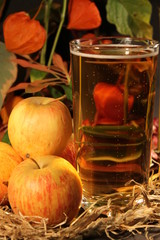 cider in glass surrounded by apples