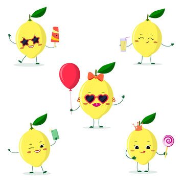 A set of five lemon character in different poses in a cartoon style.