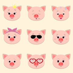 Set of cute piggy face different emotions in cartoon style.