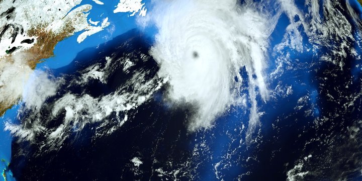 Extremely detailed and realistic high resolution 3D illustration of a Hurricane at the Atlantic Sea. Shot from Space. Elements of this image are furnished by Nasa.
