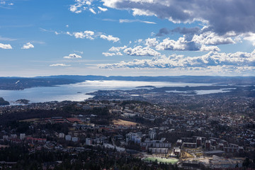 Fototapeta na wymiar Spectacular panoramic view of Oslo seen from Holmenkollen.