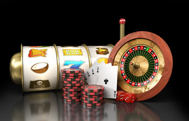 modern concept of the casino logo roulette is surrounded by playing props 3d render on darck