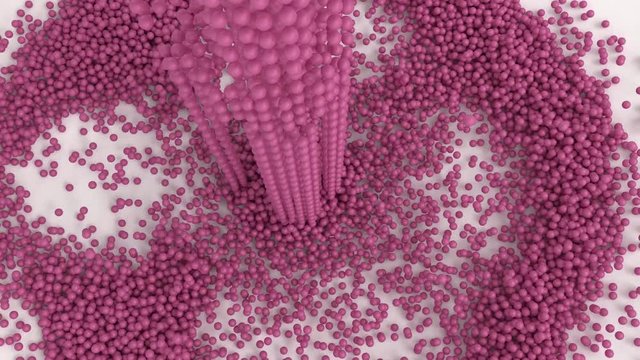Animated top view of falling great amount of plain pink or magenta golf balls on white base or background bouncing of it and spreading then tumbling  or rolling toward the center.