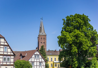 Kiliani church and half timbered houses in Hoxter, Germany