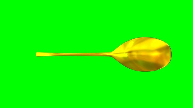 Animated rotating around z axis simple shining gold table spoon against green background. Full 360 degree spin, loop able and isolated.