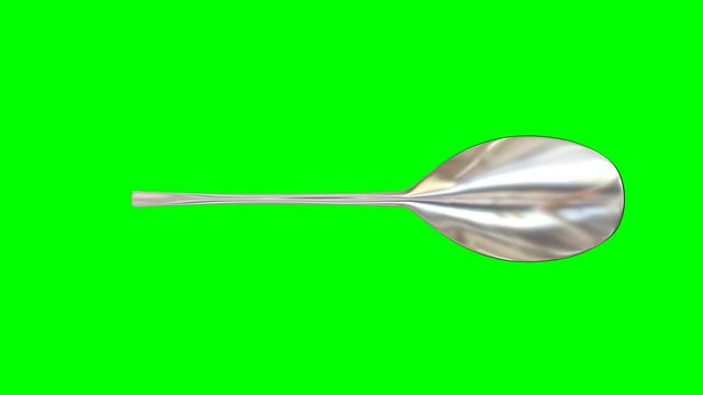 Animated rotating around z axis simple shining silver table spoon against green background. Full 360 degree spin, loop able and isolated.