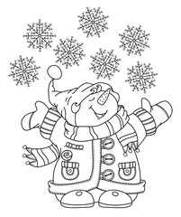 Vector   happy snowman cartoon, black  silhouette isolated on white for coloring.