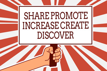Writing note showing Share Promote Increase Create Discover. Business photo showcasing Marketing inspiration motivation Man hand holding poster important protest green orange rays background.
