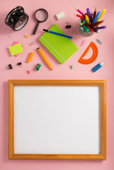 school accessories and supplies at abstract background