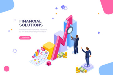 Financial research concept. Audit management of economic strategy. Currency development, economics corporate plan for sales. Statistic for organization or investment. Flat isometric characters concept