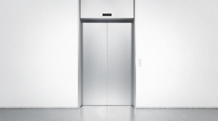 Blank silver closed elevator in office floor interior mock up, front view, 3d rendering. Empty lift...