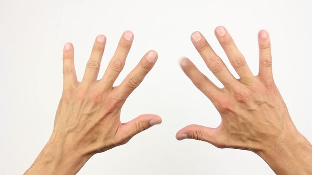 left and right human hands, effect of first person view from the eyes in virtual glasses, inspection of own hands , moves fingers, white background