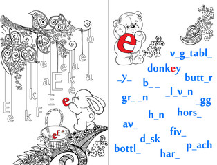 Letters. ABC. Learning to write letters. For children and their parents. Recipe. Illustrated English alphabet. Learn the letters with a rabbit and a bear. Vector illustration. Coloring book.
