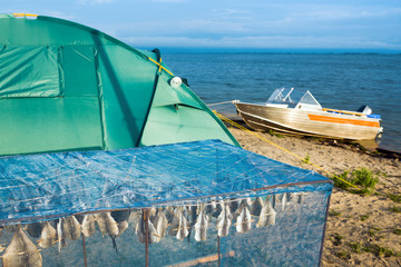 Drying fish in the open air in a homemade box, covered with a netting near the tent and a motor boat on the lake in the light of sunset. Fishing, rest. 