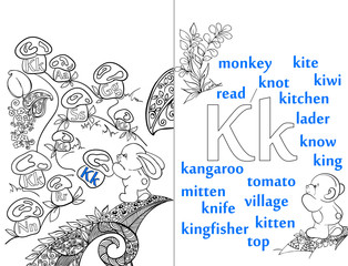 Letters. ABC. Learning to write letters. For children and their parents. Recipe. Illustrated English alphabet. Learn the letters with a rabbit and a bear. Vector illustration. Coloring book.