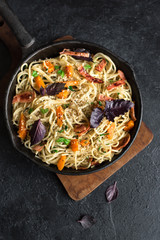 Spaghetti pasta with pumpkin and bacon