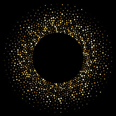 Circle of golden confetti or shiny radial glitter particles. Vector background of gold glittery dots frame for Christmas, New Year or birthday and luxury fashion and cosmetic design backdrop