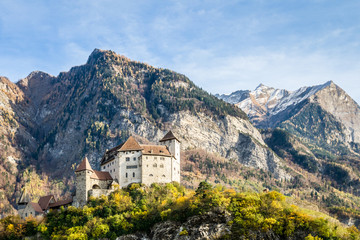 Gutenberg castle in Balzers under the mountains during summer, Liechtenstein - obrazy, fototapety, plakaty
