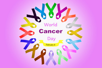 World cancer day. Various color awareness ribbons on purple background.