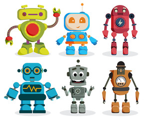 Robot toys vector characters set. Colorful kids robots elements with friendly faces isolated in white background. Vector illustration.
