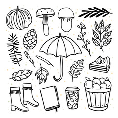Autumn objects and elements hand drawn illustrations set. Cute fall doodle graphics, umbrella, pumpkin, autumn leaves
