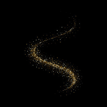 Golden particles light or sparkling glitter shine trail. Vector glittery twirl with shiny Christmas confetti on premium luxury black background