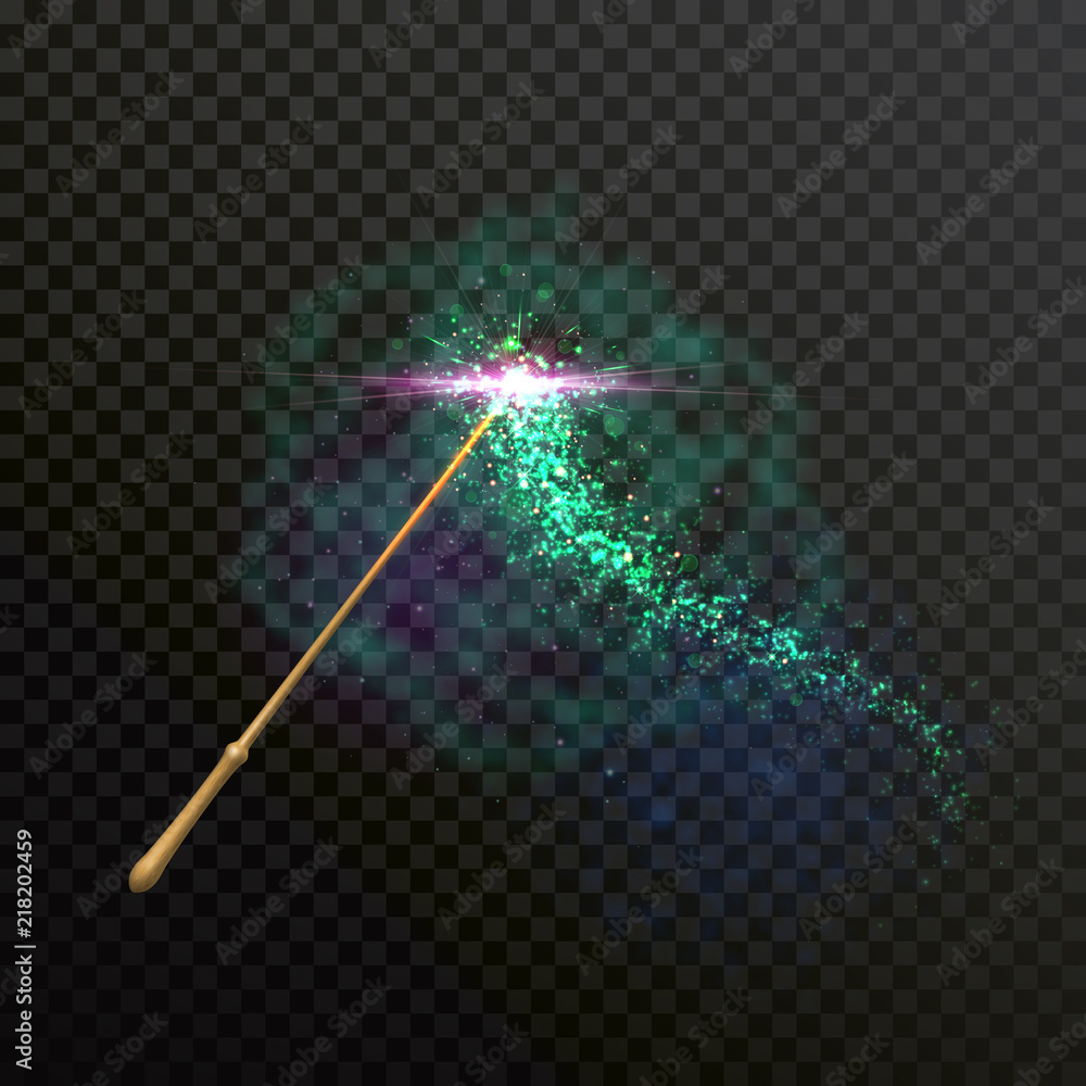Poster magic wand light sparkle glitter light trail trace. vector green neon glittering and sparkling of ma