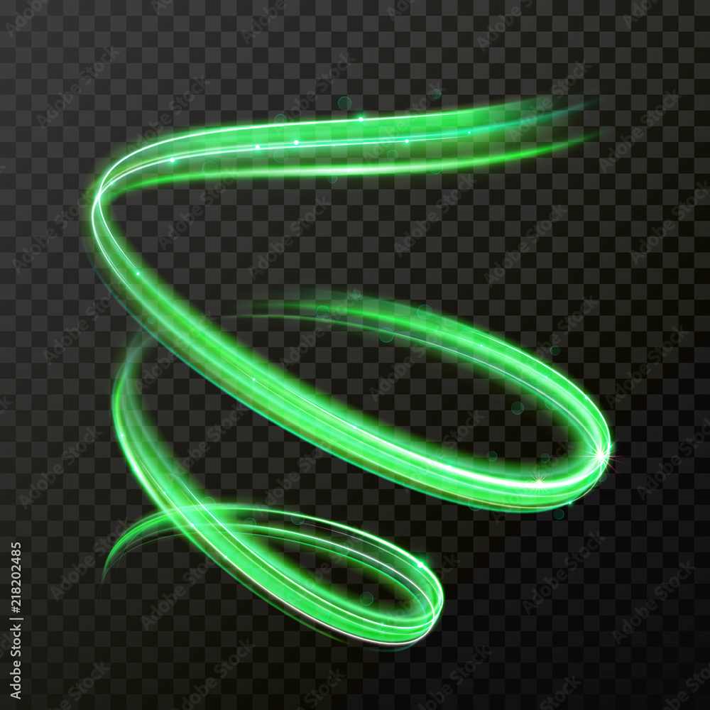 Poster Green neon light. Vector shiny trace or spiral twirl trail with shine sparkle effect isolated on transparent background