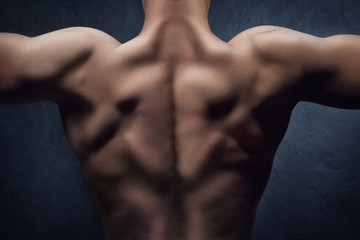 Muscular naked man from back on blue background