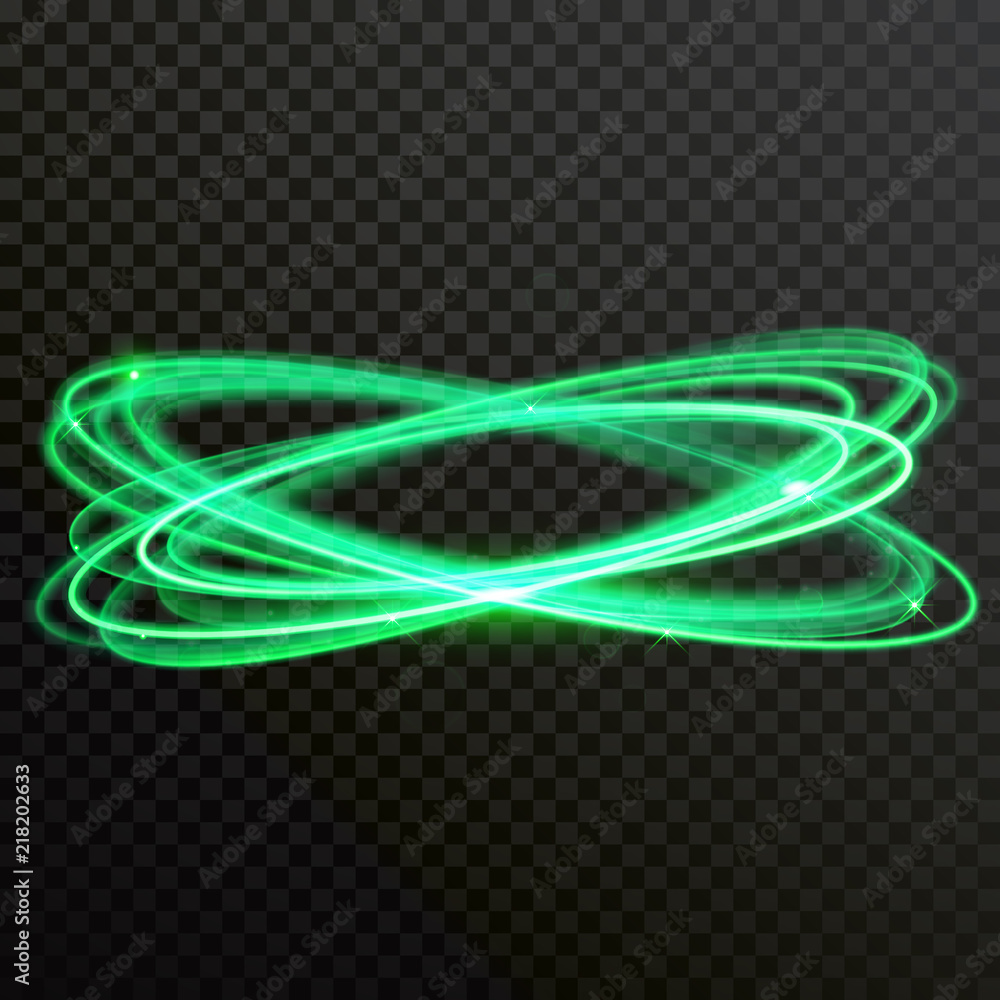 Poster green sparkle light circles or spin twirl with glow effect. vector abstract shiny trace or spiral tr