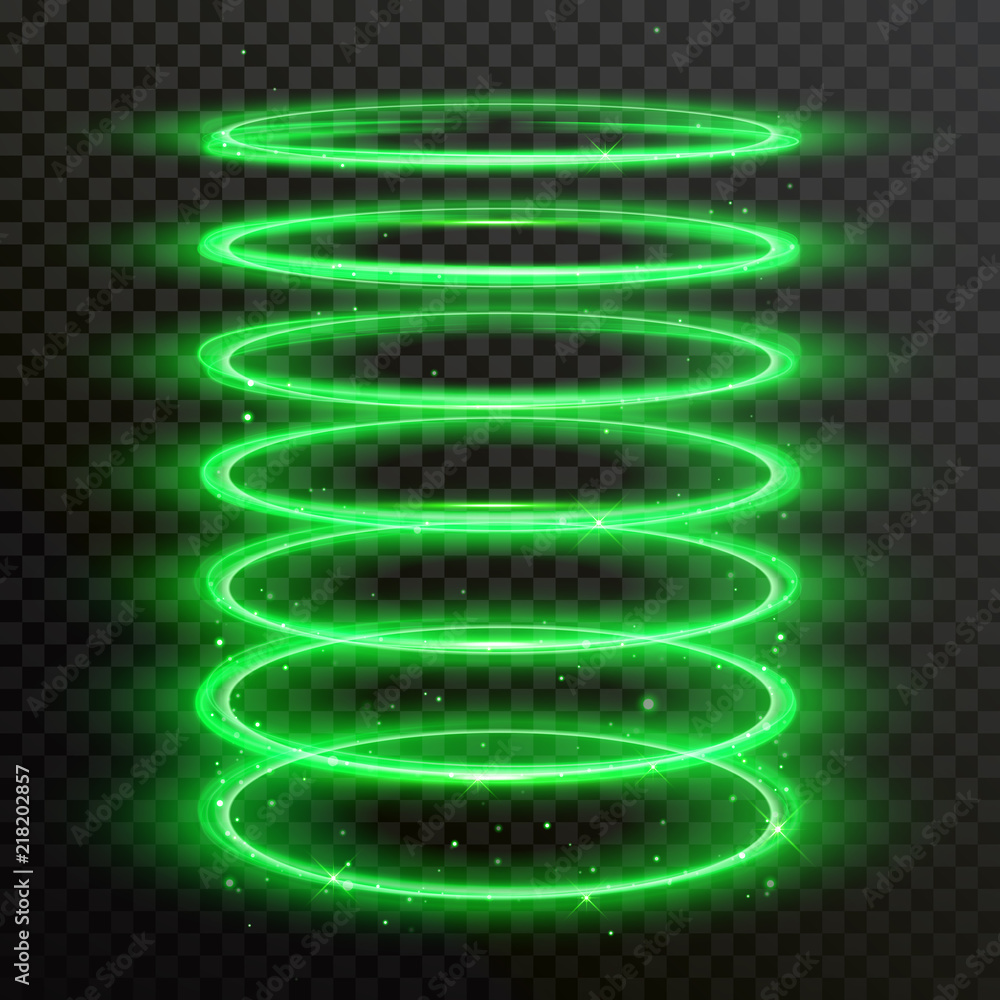 Poster green glow light circles or spin twirl spring effect. vector abstract shiny spiral trail of neon shi