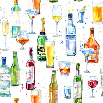 Seamless pattern of a champagne,vodka, cognac, wine, beer and glass. Painting of a alcohol drink .Watercolor hand drawn illustration.White background.