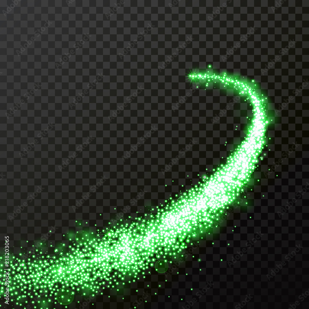 Poster green particles wave or comet trail with sparkling light effect on vector transparent background