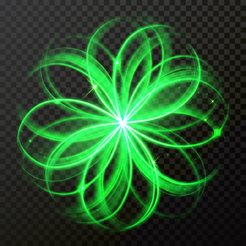 Green sparkle light circles or spin twirl with star flower glow effect. Vector abstract shiny trace or spiral trail of neon shine sparkle