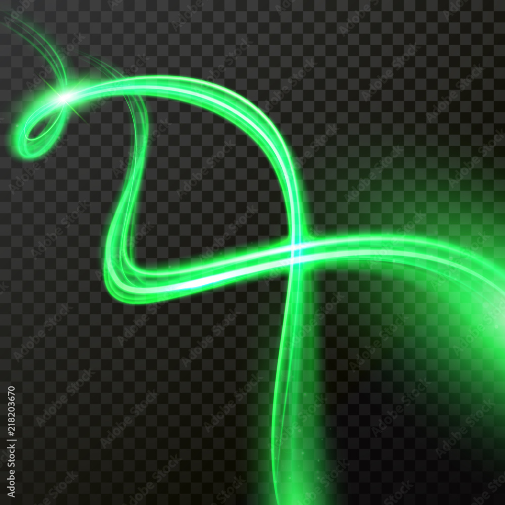 Poster green glow light comet trails in twirl effect with vector shiny neon light wave