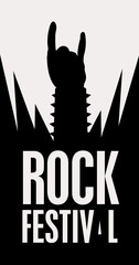 Music banner with Rock hand sign silhouette and words Rock Festival. Black and white vector illustration
