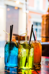 Summer Cocktails in Big Jars (Mojito, Blue Lagoon and Peach Cocktail)