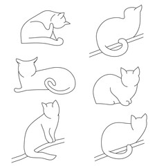 Vector set of contour cat silhouettes. Different postures: sitting, lying, resting, playing, hunting. Cat licking his paw, sits on a tree branch, cat is angry. Isolated cat figure on white background.