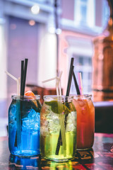 Summer Cocktails in Big Jars (Mojito, Blue Lagoon and Peach Cocktail)