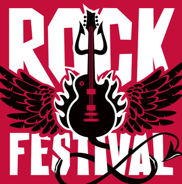 Vector poster or banner for Rock Festival with an electric guitar, wings, fire and devil trident on red background