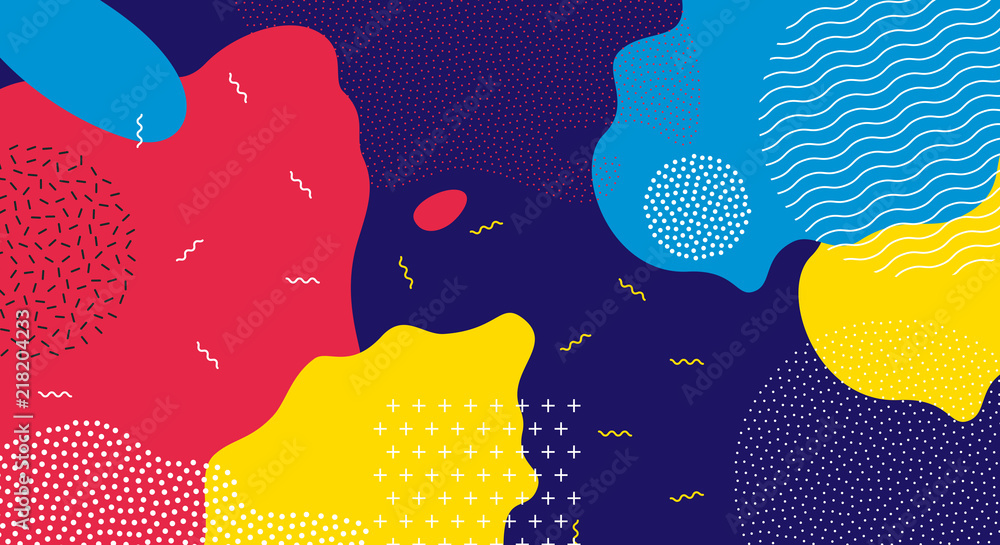 Poster Abstract pop art line and dots color pattern background. Vector liquid splash overlay geometric design with trendy Memphis style