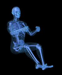 Man driving a virtual car, 3D mesh other skeleton model. 3D illustration concept