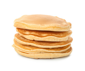 Tasty pancakes on white background