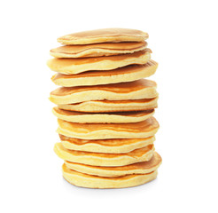 Tasty pancakes on white background