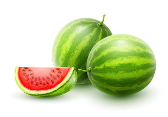 Sweet watermelons. Whole fresh ripe fruit with sliced juicy