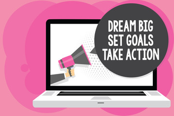 Word writing text Dream Big Set Goals Take Action. Business concept for Motivation to follow your dreams Inspiration Man holding Megaphone loudspeaker computer screen talking speech bubble.