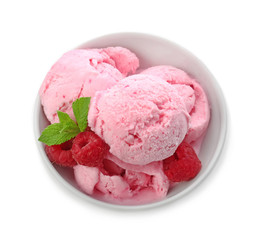 Bowl with delicious raspberry ice-cream on white background