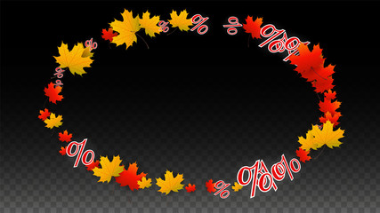 Vector Percentage Sign and Autumn Leaves Confetti on Transparent Background. Percent Sale Background. Business, Economics, Finance Print. Discount Illustration. Promotion poster. Black Friday Banner. 